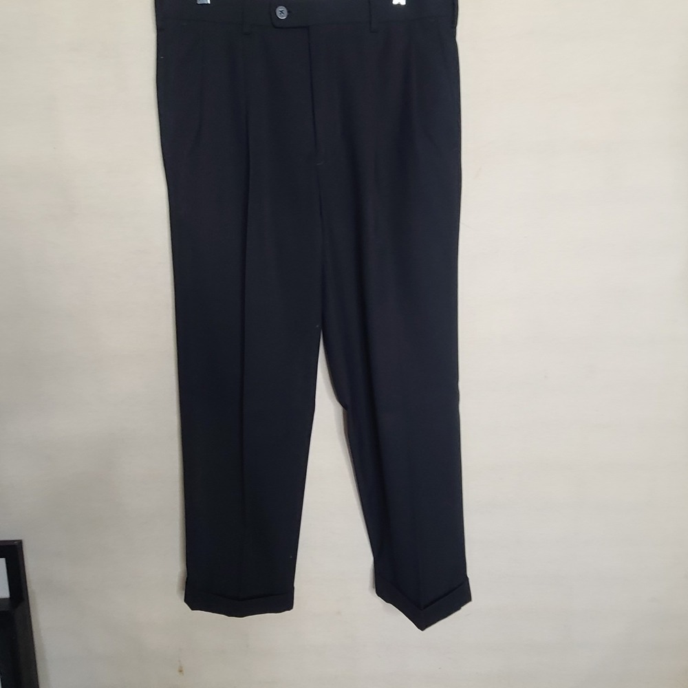 AXIST Men's Black Dress Pants 32x29 Cuffed Hem Flat Front Polyester Rayon Blend